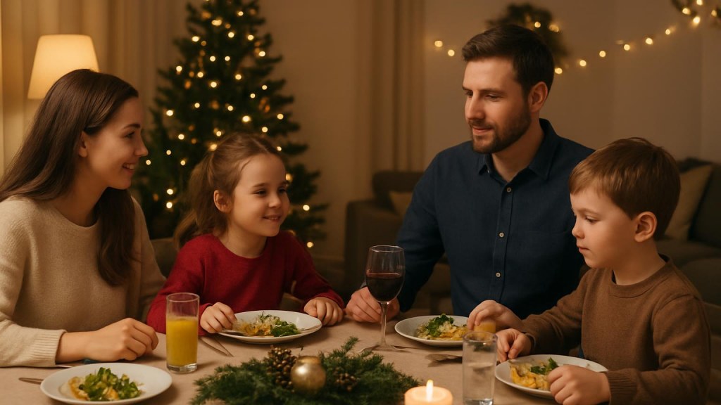 Famiglia con bambini in ambiente accogliente per Capodanno